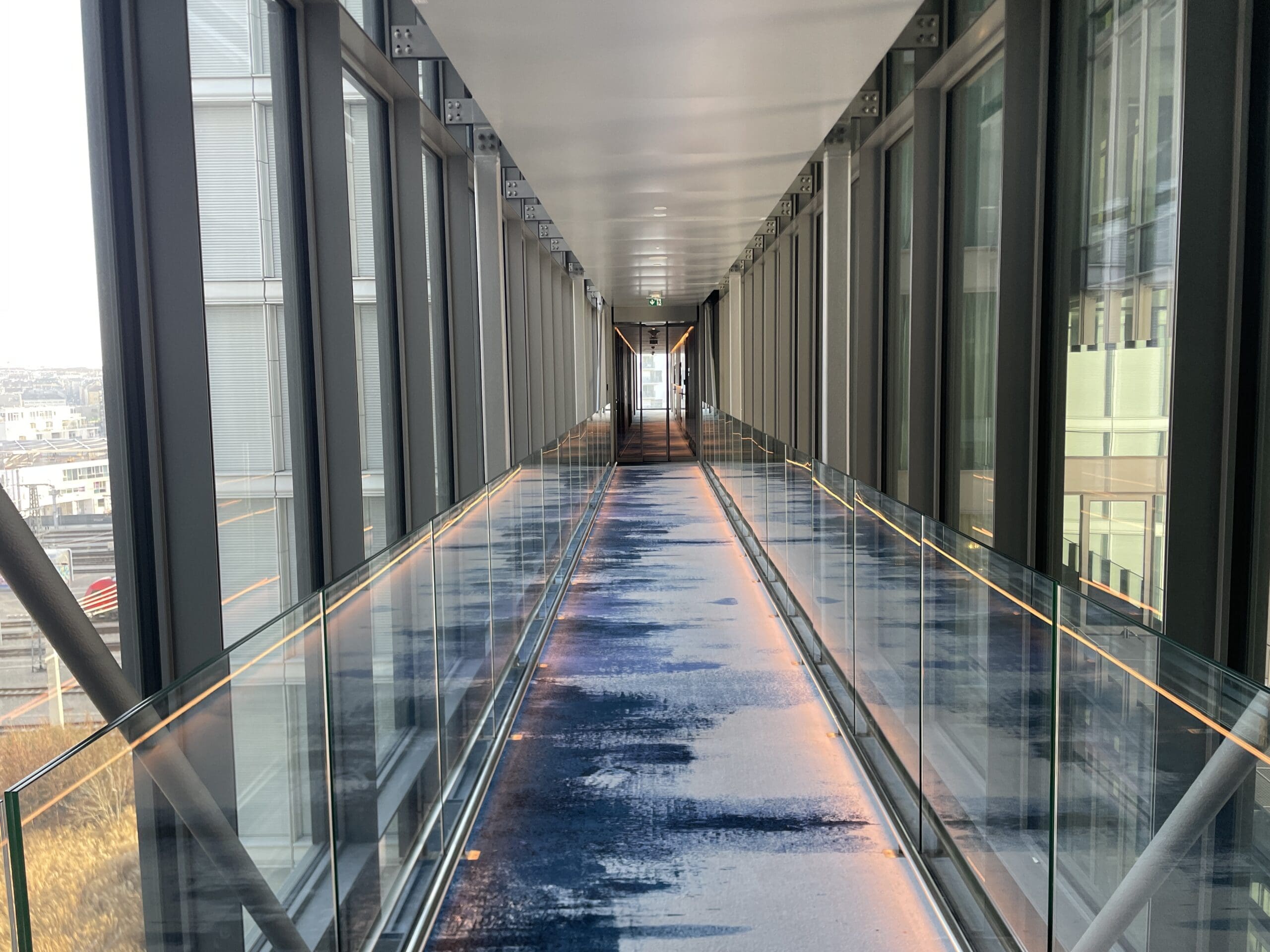 The walkways between buildings at the Andaz Vienna.
