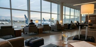 An airport lounge featuring Alaska Airlines