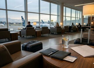 An airport lounge featuring Alaska Airlines
