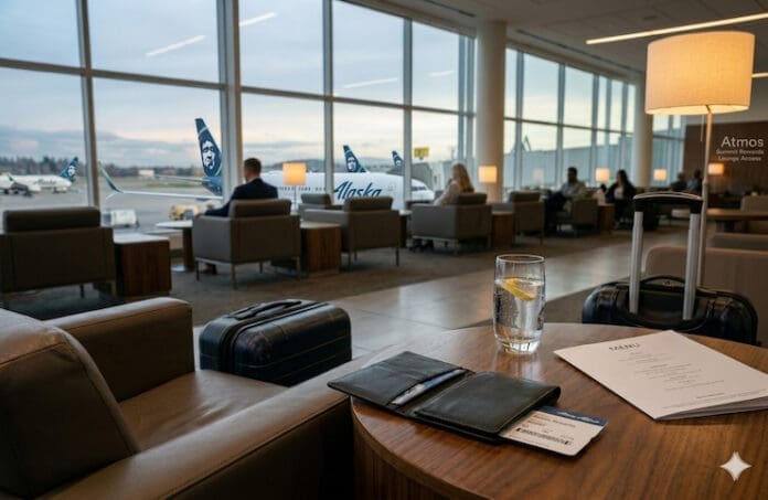 An airport lounge featuring Alaska Airlines