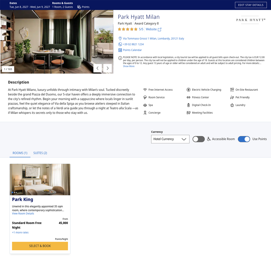 Park Hyatt Milan Award Availability 1-night June 2027