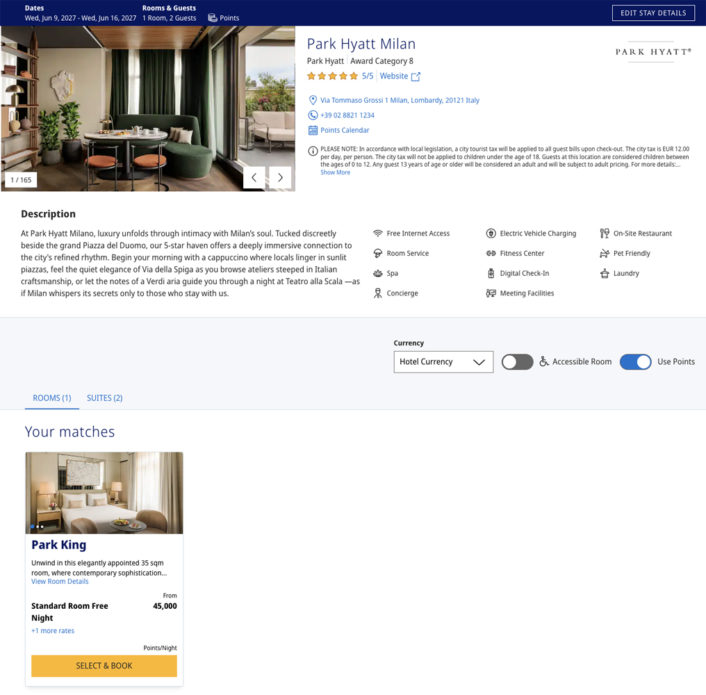Park Hyatt Milan Award Availability 7 nights June 2027