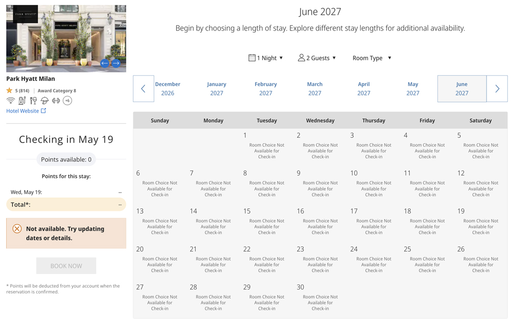 Park Hyatt Milan Award Calendar for June 2027