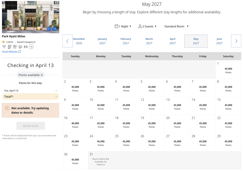 Park Hyatt Milan Award Calendar for May 2027