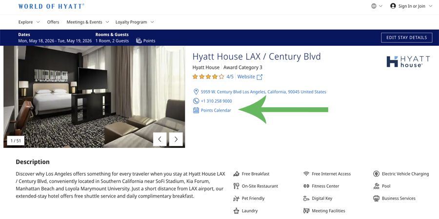 Image showing where the link to the Hyatt award calendar is located
