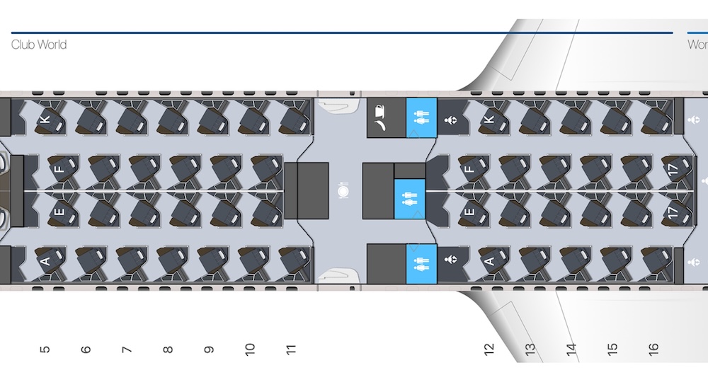 Seat map of the British Airways 787-10 Club Suite Business Class cabin.