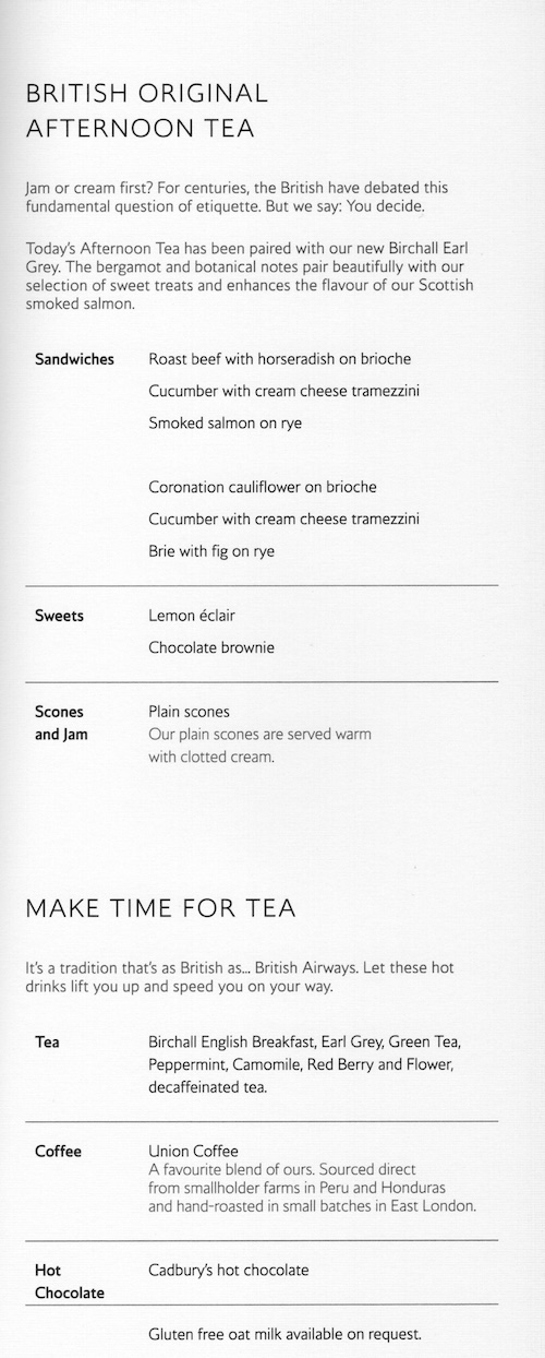 British Airways Afternoon Tea menu.