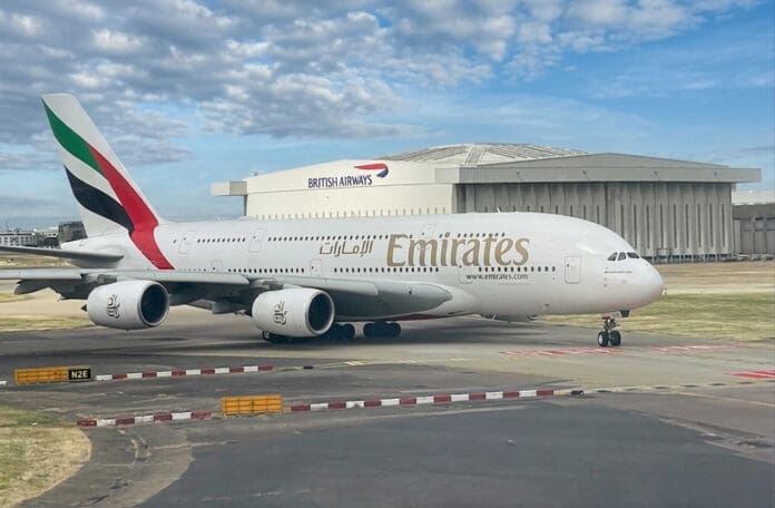 Emirates A380 at Heathrow.