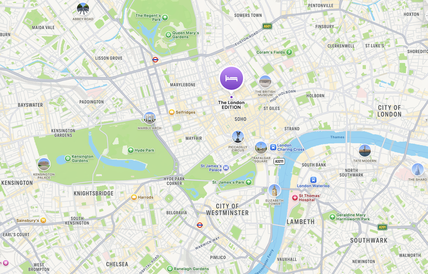Map showign location of the London EDITION Hotel