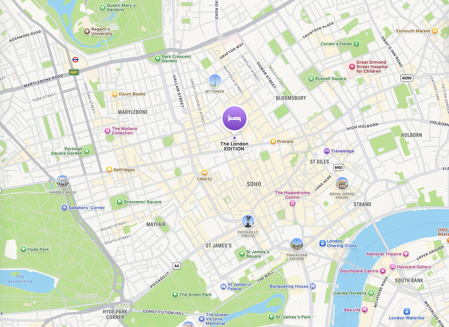 Map showign location of the London EDITION Hotel